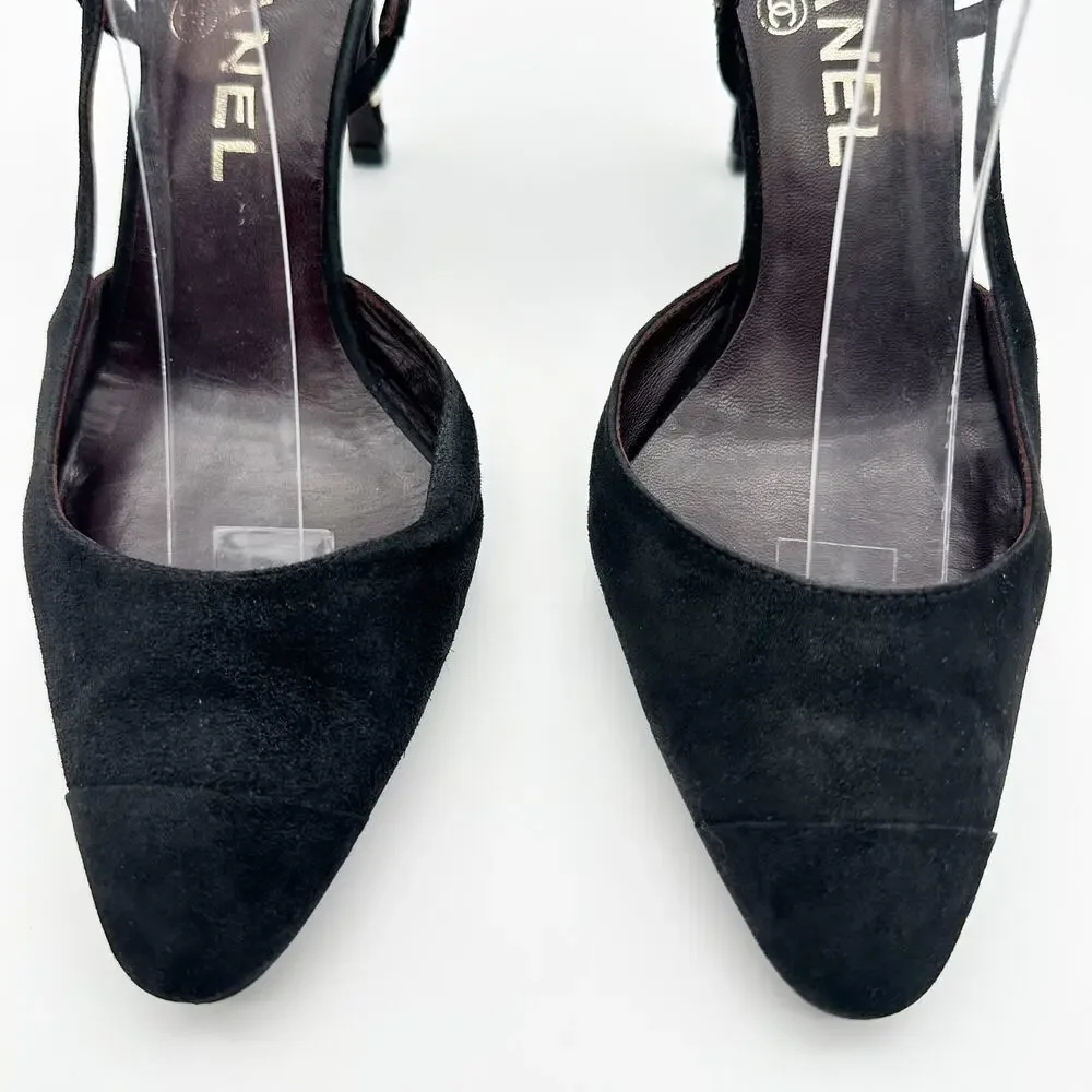 Chanel Slingback Heels 36.5 Black Suede Gold Cap Toe Vintage CC Logo Block Heel - Picture 3 of 9